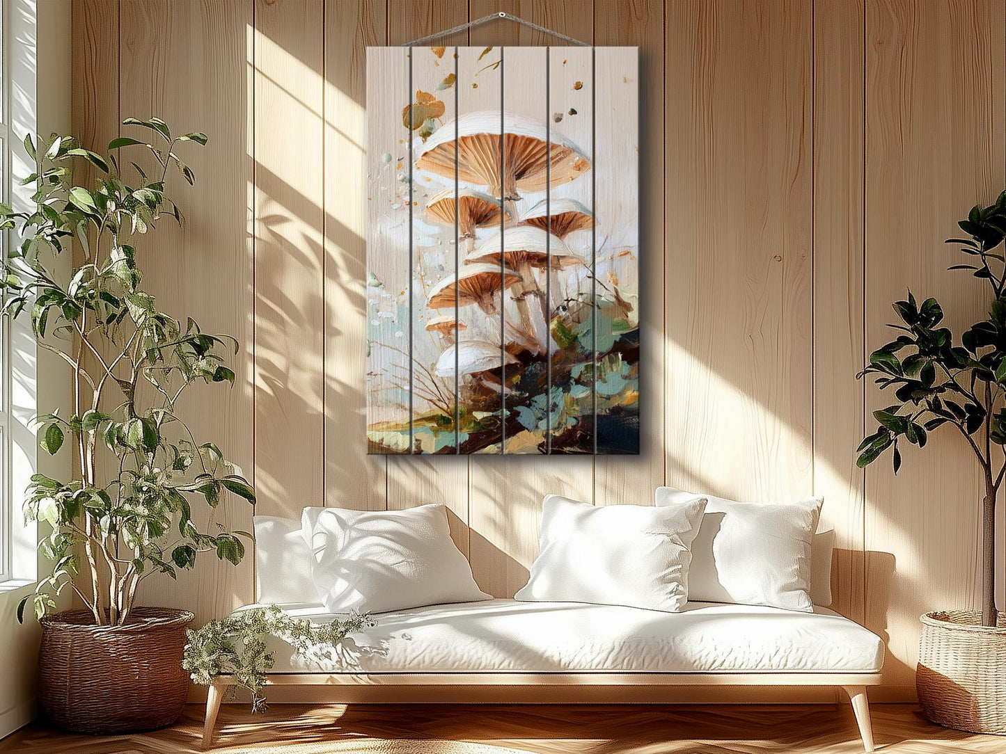 Wood Wall Art – Rustic Nature Print with Forest Mushrooms – Cozy Farmhouse Decor