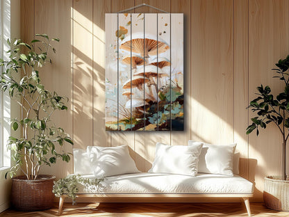 Wood Wall Art – Rustic Nature Print with Forest Mushrooms – Cozy Farmhouse Decor