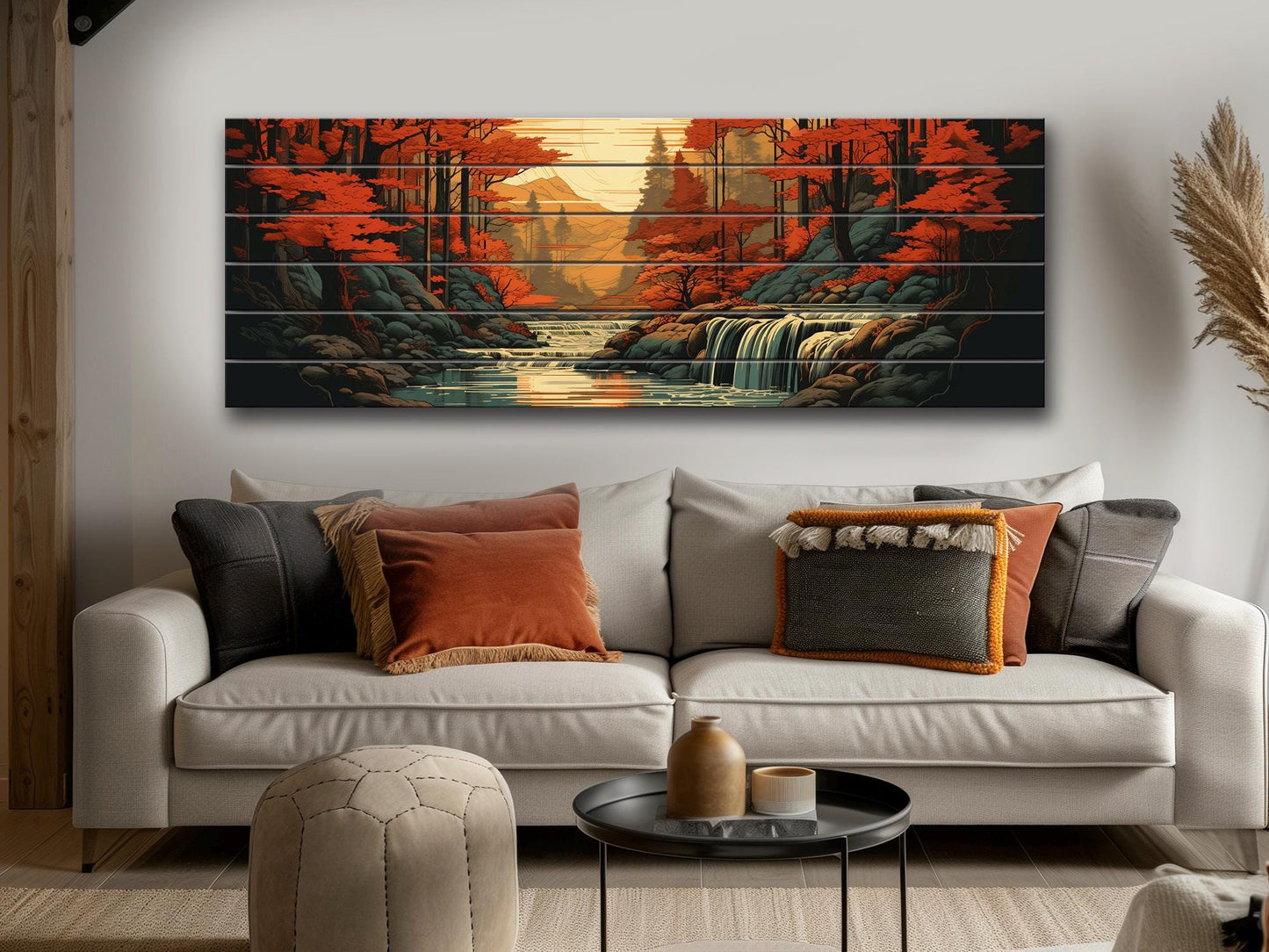 Rustic Autumn Wall Art - Wooden Waterfall Painting on Natural Wood Planks