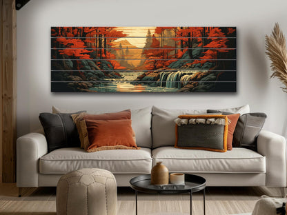 Rustic Autumn Wall Art - Wooden Waterfall Painting on Natural Wood Planks