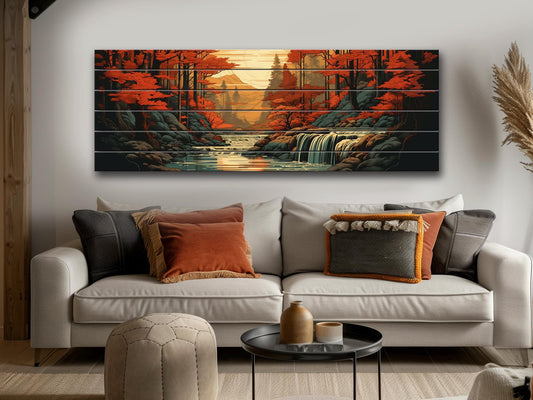 Rustic Autumn Wall Art - Wooden Waterfall Painting on Natural Wood Planks