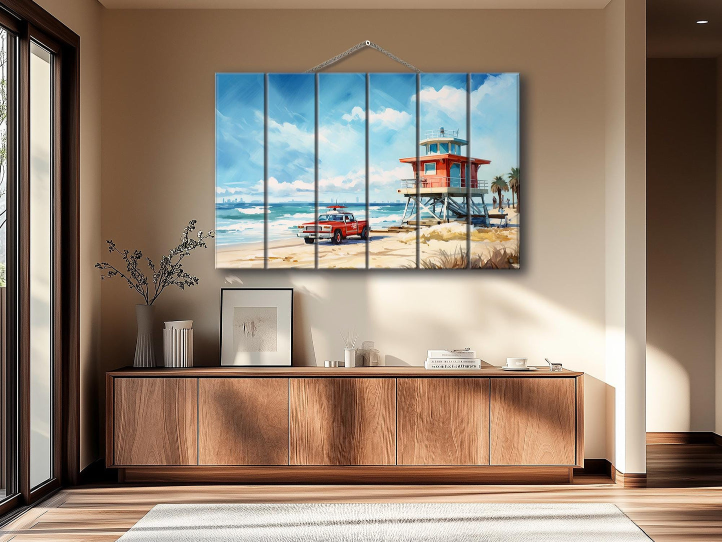 Lifeguard Tower Painting - Natural Wood Wall Art | Scenic Beach Cabin Decor