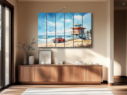 Lifeguard Tower Painting - Natural Wood Wall Art | Scenic Beach Cabin Decor