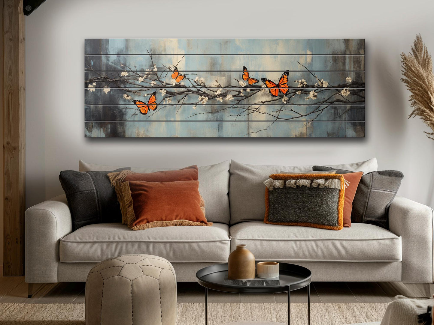 Butterflies on Blossoming Branch Print on Natural Wood – Rustic Nature Wall Art