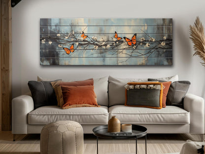 Butterflies on Blossoming Branch Print on Natural Wood – Rustic Nature Wall Art