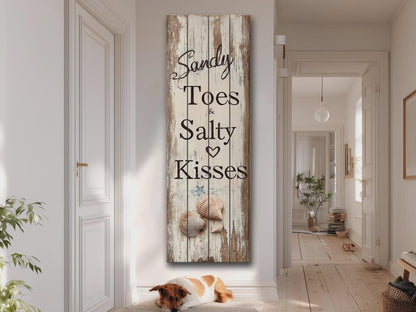 Rustic Beach Wall Art – Sandy Toes & Salty Kisses Coastal Wood Sign Decor