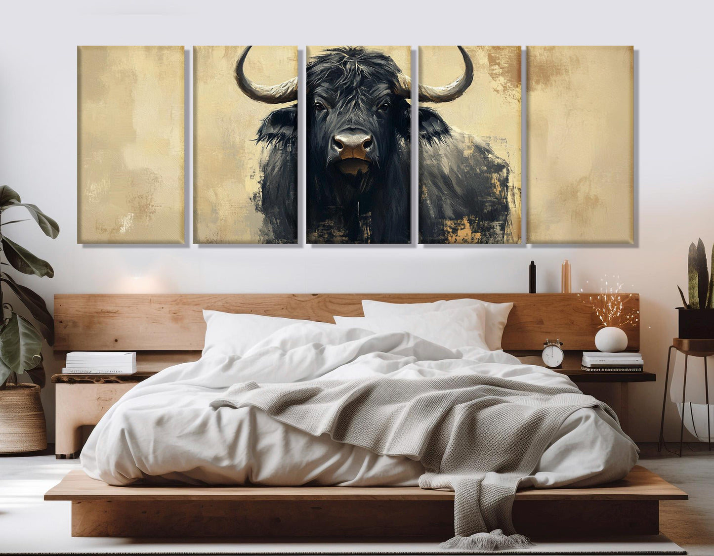 Black Buffalo Painting – Large Bull Canvas Print | Abstract Buffalo Poster, Framed Wall Art