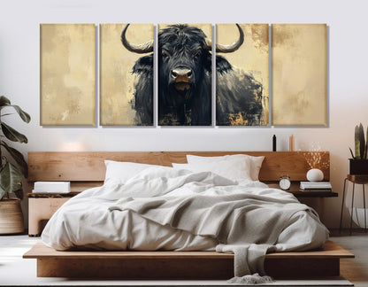 Black Buffalo Painting – Large Bull Canvas Print | Abstract Buffalo Poster, Framed Wall Art