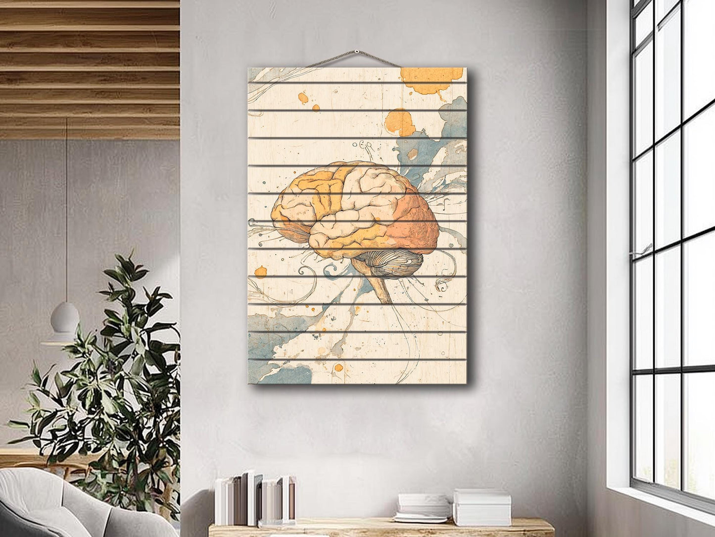 Rustic Wood Wall Art – Abstract Mind Print on Natural Wood Texture | Therapist Office Decor