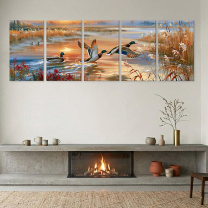 A cozy living room with a fireplace, a large wall art depicting ducks in a pond, and various decorative items on a shelf below the fireplace.