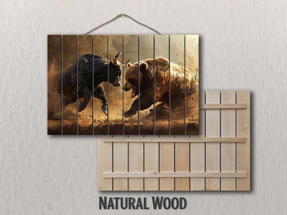 Rustic Wood Wall Art – Bull and Bear Art on UV Printed Wood for Trader Office Decor