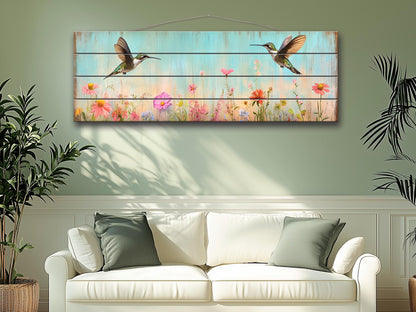 Rustic Wood Wall Art - Hummingbirds Around Wildflowers Print on Natural Wood, Birds Wall Art, Hummingbirds Print, Rustic Landscape Print