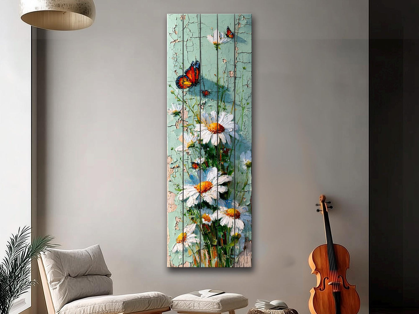 Butterfly and Daisies Wall Art – Rustic Floral Decor on Wooden Panels for Farmhouse Style