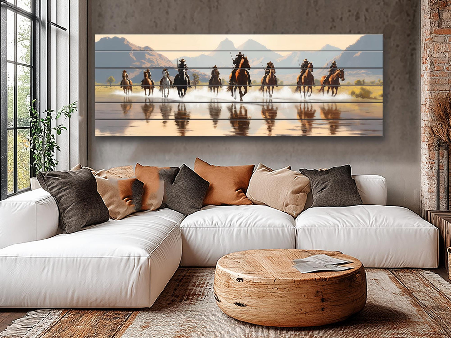 Retro Style Cowboys on Horses Print On Natural Wood -Wild West Wall Art