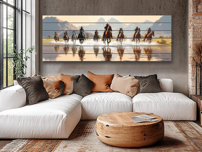 Retro Style Cowboys on Horses Print On Natural Wood -Wild West Wall Art