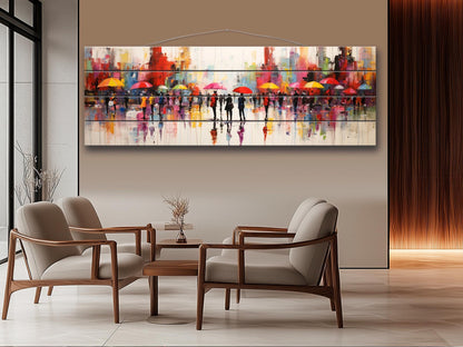 Wooden Wall Art – Abstract Rainy City Print on Natural Wood Planks | Colorful Decor