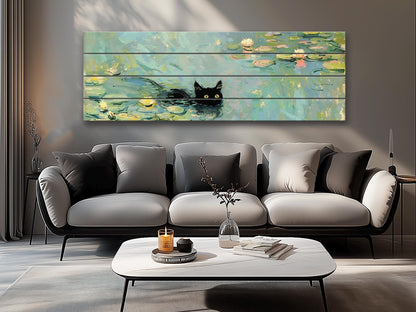 Wood Wall Art - Black Cat Swimming Among Water Lilies | Natural Wood Plank Print