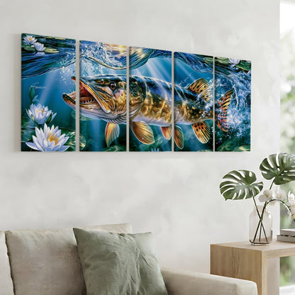 a large, vibrant painting of a fish swimming in a blue underwater scene, with water splashing around it. The painting is divided into four sections, each depicting a different part of the underwater environment. The painting is displayed on a wall above a couch, creating a striking focal point in the room.