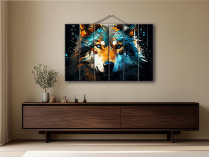 Wolf Painting Wood | Abstract Wolf Portrait on Natural Wood Plank Art - Modern Hunter Gift