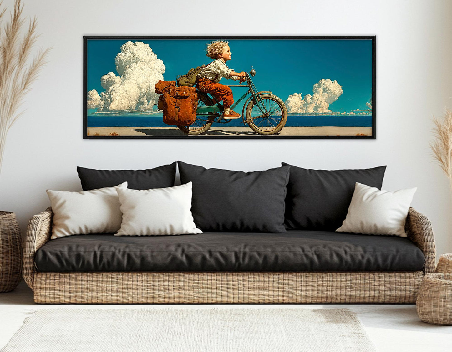 Retro Bike Wall Art - Boy Riding a Bike Print | Framed Canvas, Ready to Hang