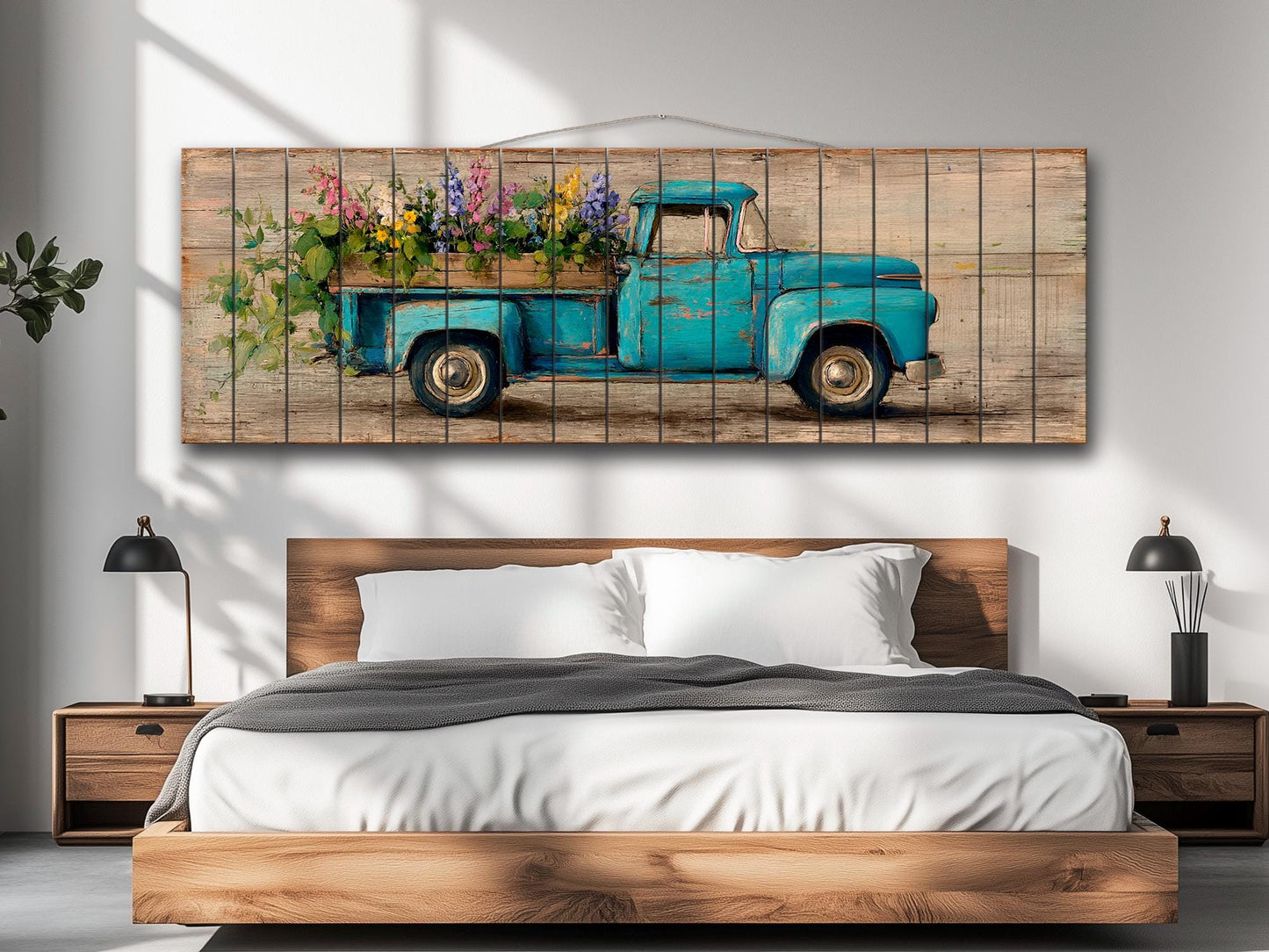 Rustic Wood Wall Art – Vintage Truck Print with Blue Flowers on Wood