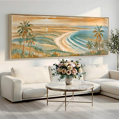 a large painting of a beach scene with palm trees, a vase of flowers, and a white sofa in a living room setting.