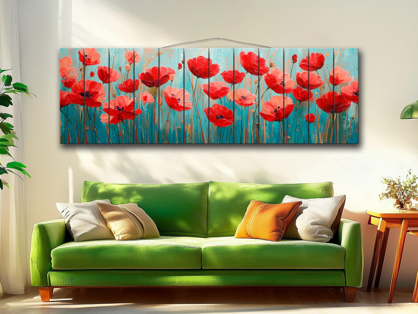 Floral Wood Wall Art – Field of Poppies Print on Natural Linden Wood Planks