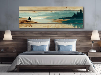 Horse River Wall Art – Rustic Cabin Wood Plank Artwork With Calm Water Landscape
