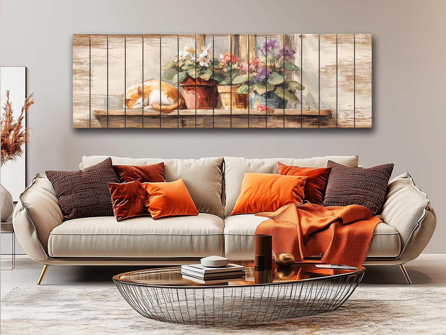 Farmhouse Wall Art - Cozy Sleeping Cat Print on Natural Wood Plank Artwork