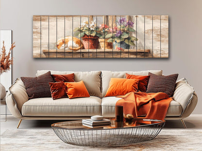 Farmhouse Wall Art - Cozy Sleeping Cat Print on Natural Wood Plank Artwork