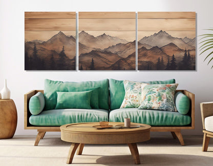 Mountains Wall Art – Rustic Mountains Art Framed Canvas Print | Soft Tone Mountain Decor