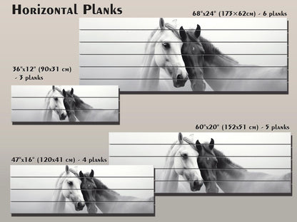 Wooden Wall Art – Black and White Horses Couple Print on Natural Wood Planks