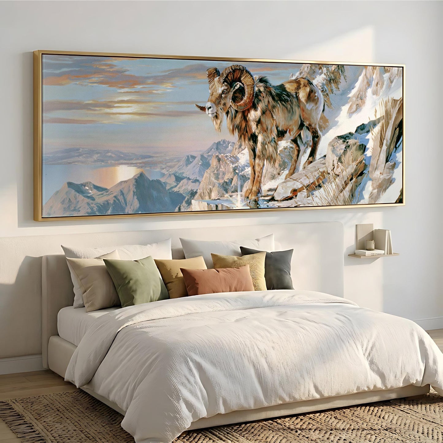 a large, framed painting of a mountain landscape with a rams standing on a rocky cliff.