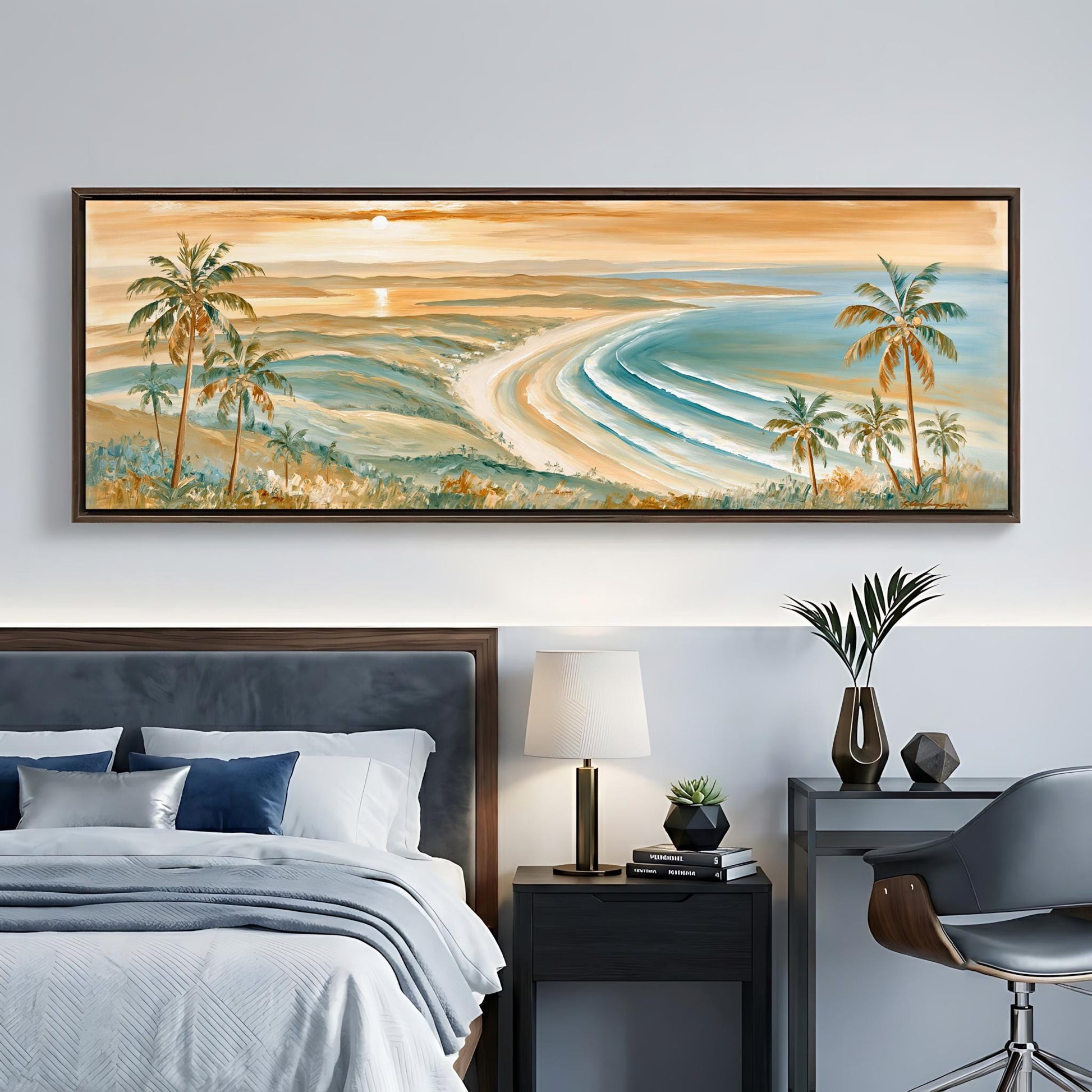 a large painting of a beach scene with palm trees, a sunset, and a body of water. The painting is hanging on a wall above a bed, which has a black headboard and a nightstand with a lamp and a plant.
