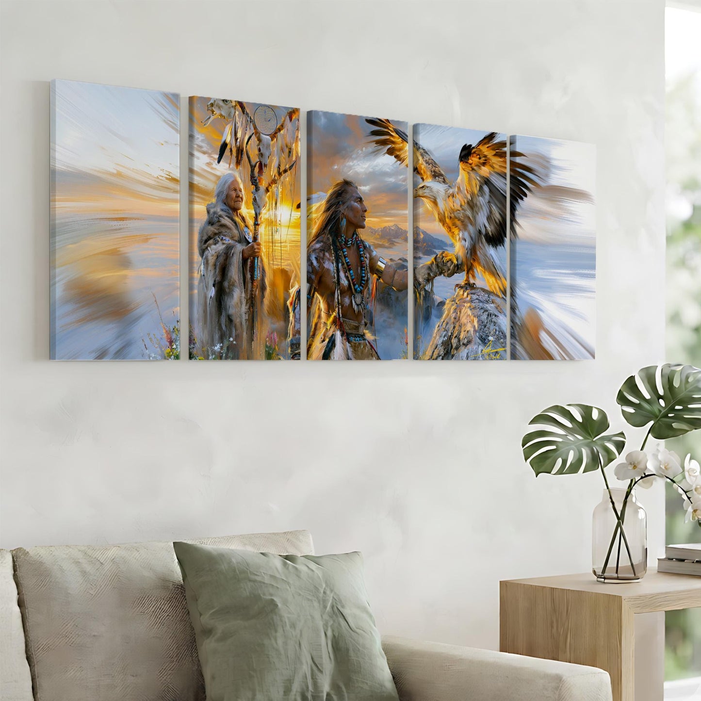 The image is a large, multi-panel artwork depicting a Native American scene with a bird of prey, possibly a hawk, in the foreground.