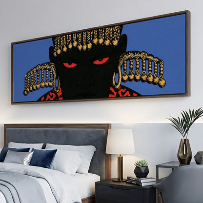 a large, colorful painting of a person's face with gold accessories hanging on the wall above a bed with white linens and a wooden headboard.
