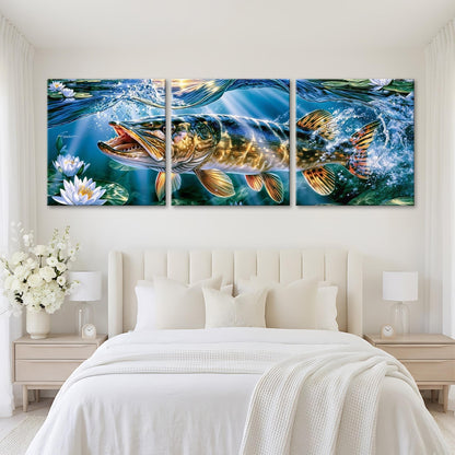 A large, three-panel painting depicting a fish swimming in a blue and green underwater environment, with white lily pads and a white headboard.