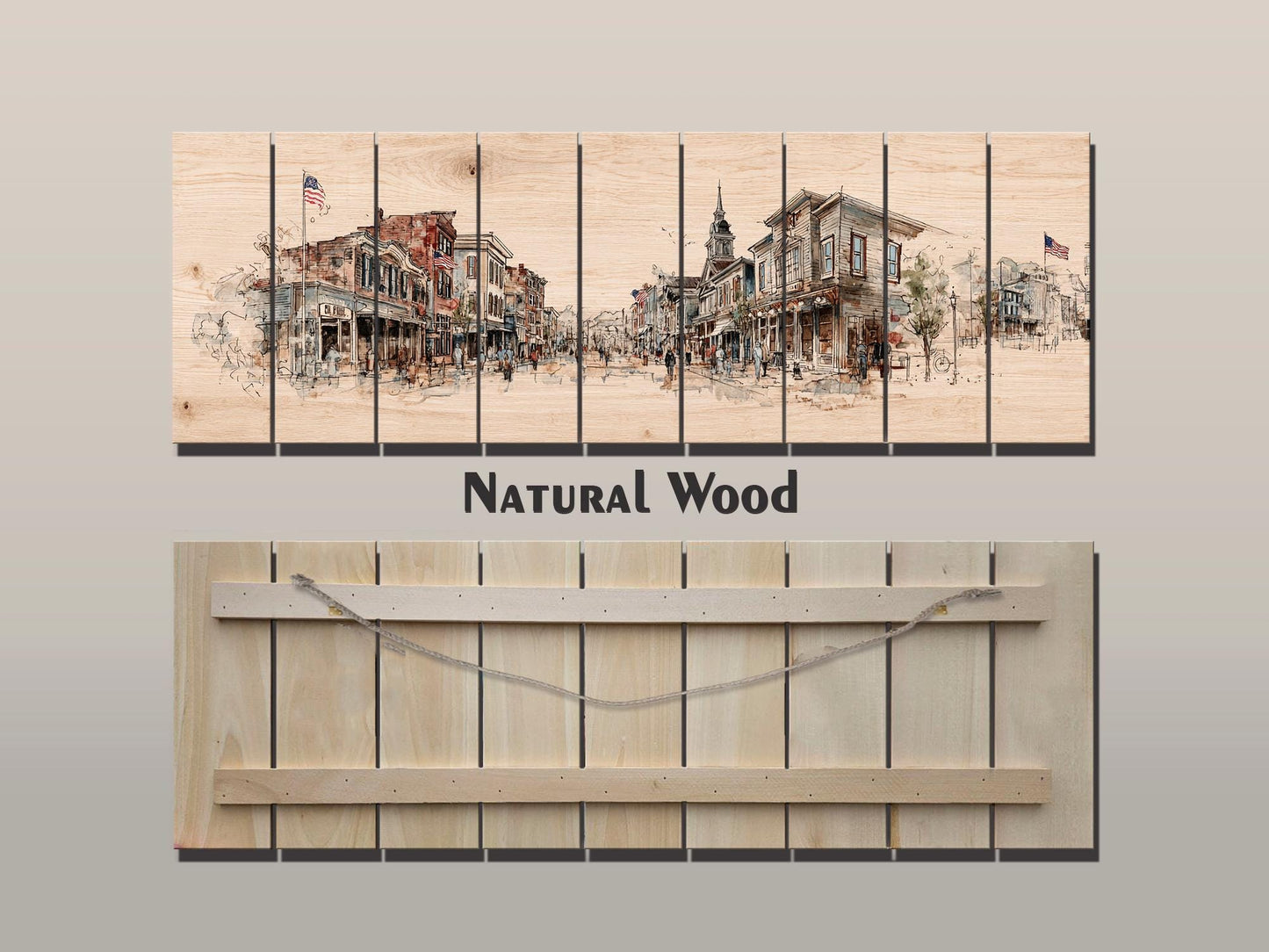 Vintage Americana Wall Art – Main Street Print on Wood with Rustic Farmhouse Charm