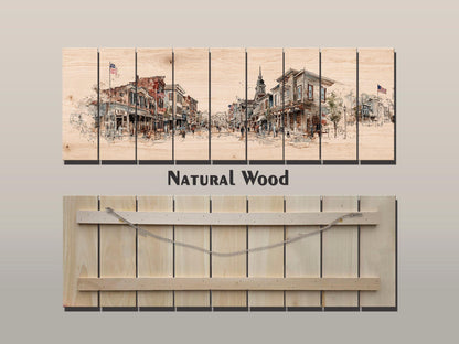 Vintage Americana Wall Art – Main Street Print on Wood with Rustic Farmhouse Charm