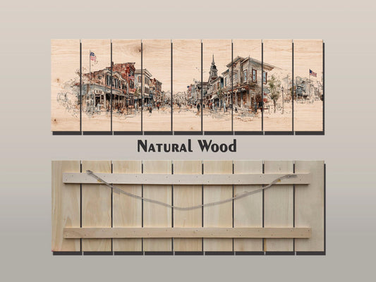 Vintage Americana Wall Art – Main Street Print on Wood with Rustic Farmhouse Charm