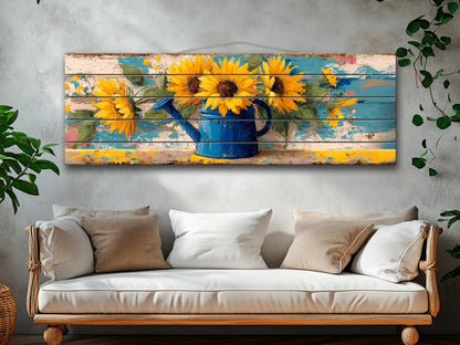 Sunflowers Wood Art - Handcrafted Rustic Wood Wall Art with Weathered Watering Can Print
