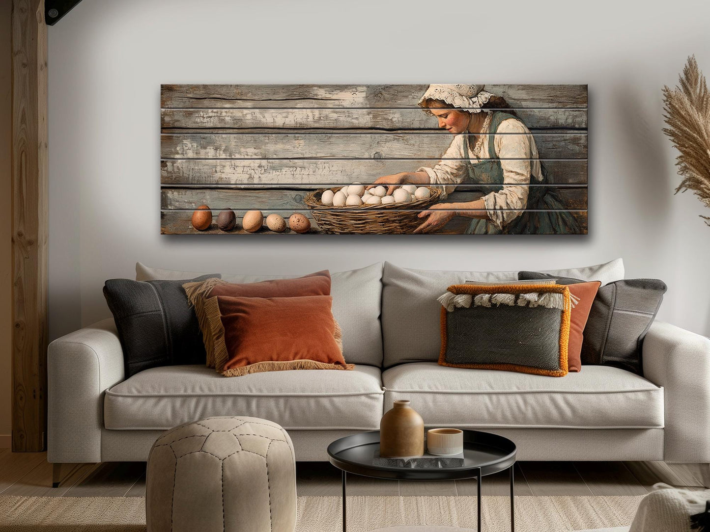 Rustic Wood Wall Art – Woman Collecting Eggs Print on Natural Wood Plank