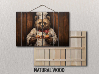 Rustic Bakery Wall Decor – Grizzly Bear Artwork Printed on Natural Wood Panels