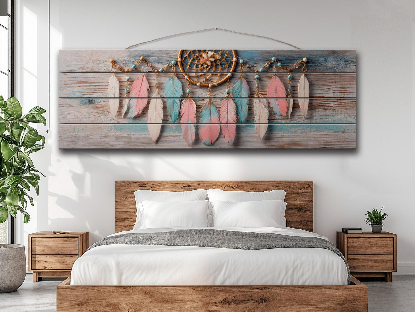 Rustic Wood Wall Art - Boho Dreamcatcher with Feathers and Beads Print on Natural Wood, Bedroom Painting, Boho Wall Art, Bedroom Wall Decor