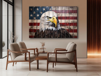 Rustic Patriotic Wall Art – Bald Eagle Wall Decor on Natural Wood Plank