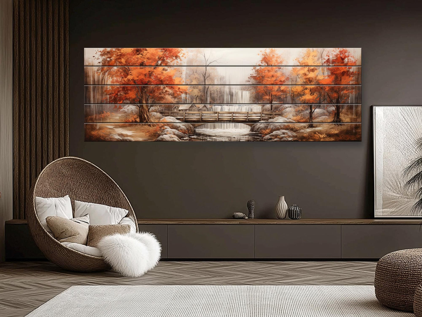 Rustic Autumn Wall Art - Wooden Waterfall Painting On Natural Wood Panel