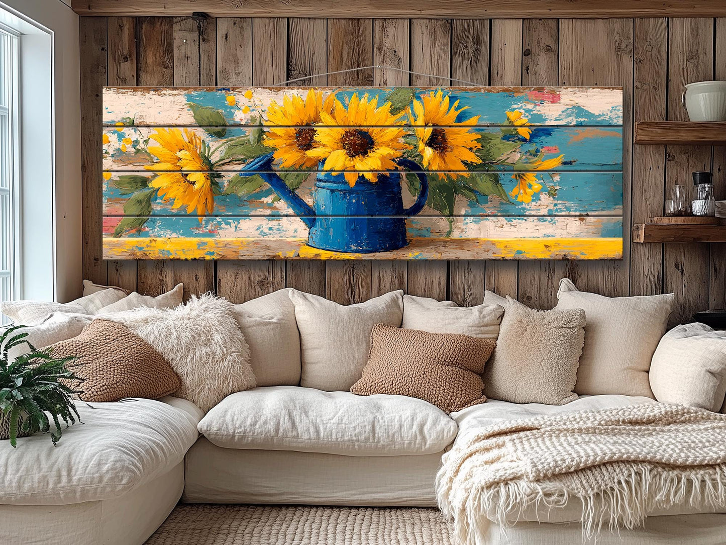 Sunflowers Wood Art - Handcrafted Rustic Wood Wall Art with Weathered Watering Can Print