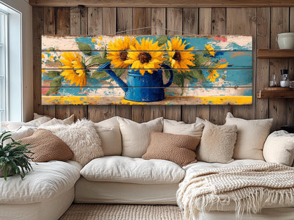 Sunflowers Wood Art - Handcrafted Rustic Wood Wall Art with Weathered Watering Can Print