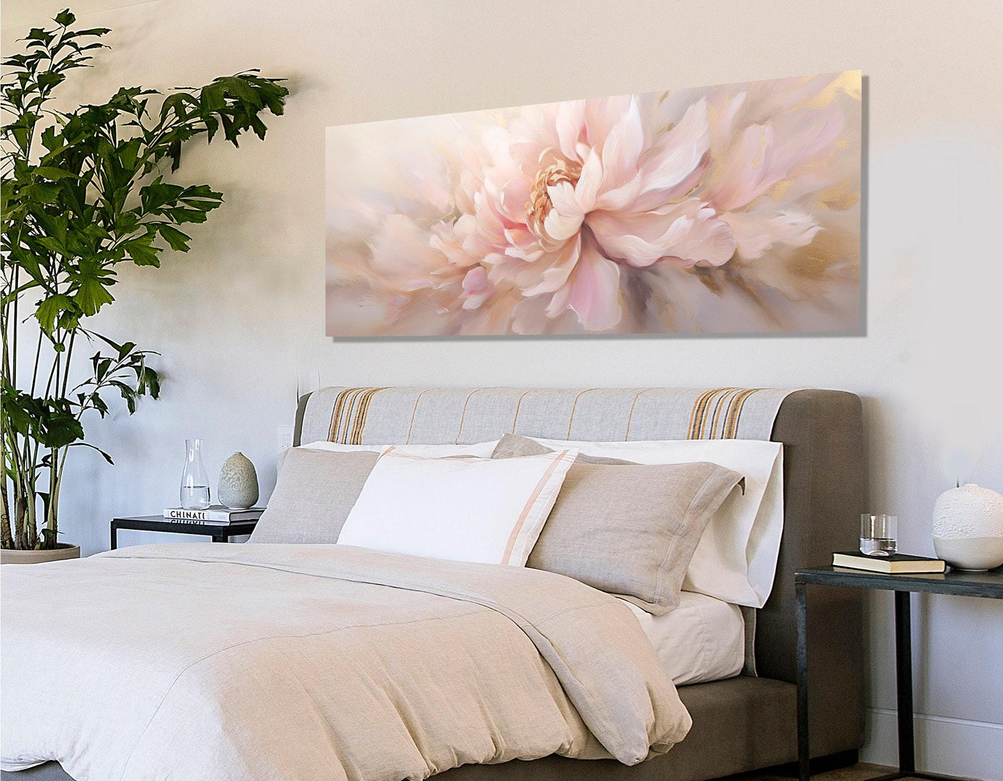 Peony Flower Painting - Framed Cotton Canvas Print | Panoramic Floral Wall Art