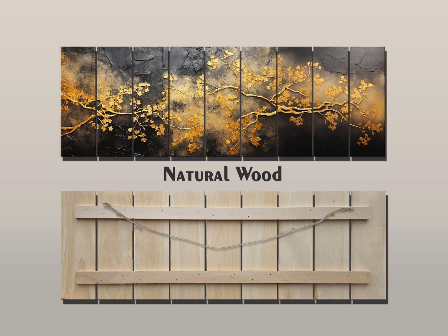 Wooden Wall Art – Gold Tree Branches Print on Natural Wood | Abstract Black & Gold Decor